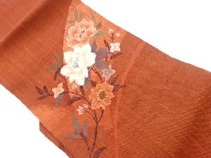 渡文製　手織り真綿紬花々に枝葉模様織出し名古屋帯